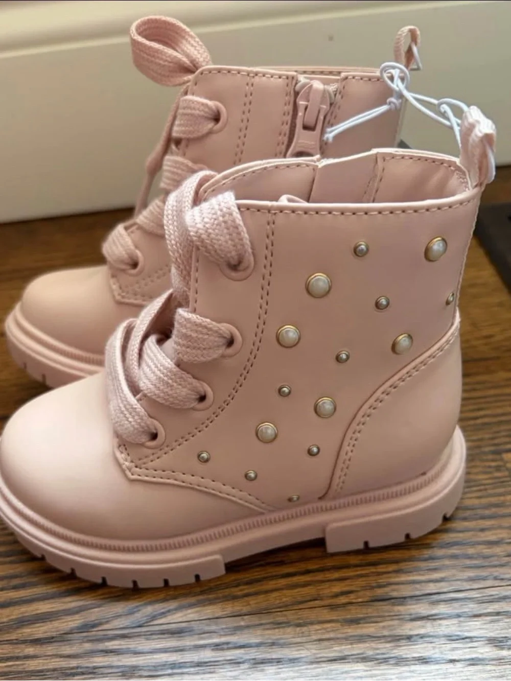 Kids Pink Studded Lace-Up Boot